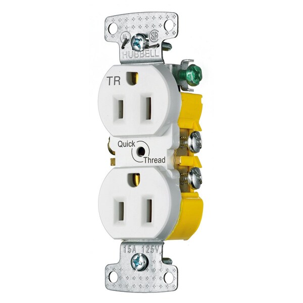 Hubbell Wiring Device-Kellems Straight Blade Receptacle, 5-15R, 15 A, 125V AC, 2 Pole, 3 Wire, Self-Grounded RR15QWTR - main
